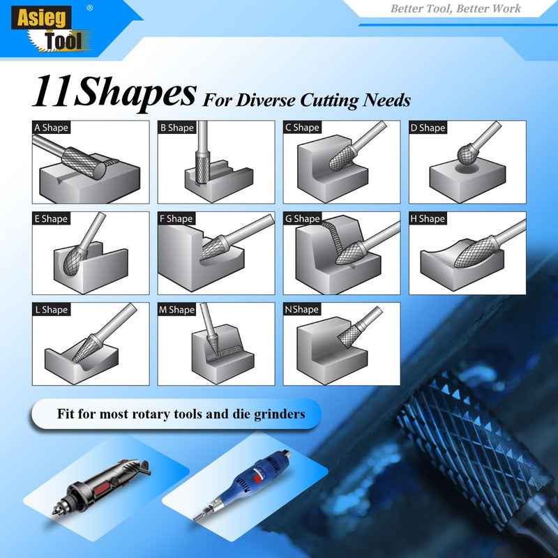Asieg Tool SB-5 Tungsten Carbide Burr Rotary File Cylinder Shape Double Cut with 1/4''Shank for Die Grinder Drill Bit - Image 5